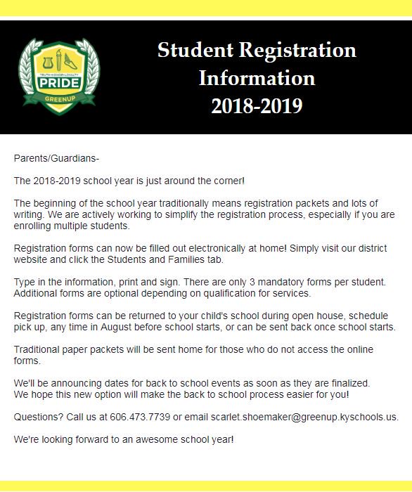 2018-19 Registration Information. Forms can be accessed at:
greenup.k12.ky.us/Parents.aspx
#GCMusketeerWay