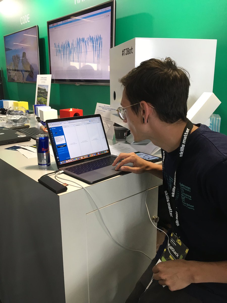 Lukas working hard making some cool videos, editing them and tweeting them out live at #FullstackCon for the <a href="/IBMCodeLondon/">IBM Code London</a> team. Come and talk to us about what your developing at the moment !!
