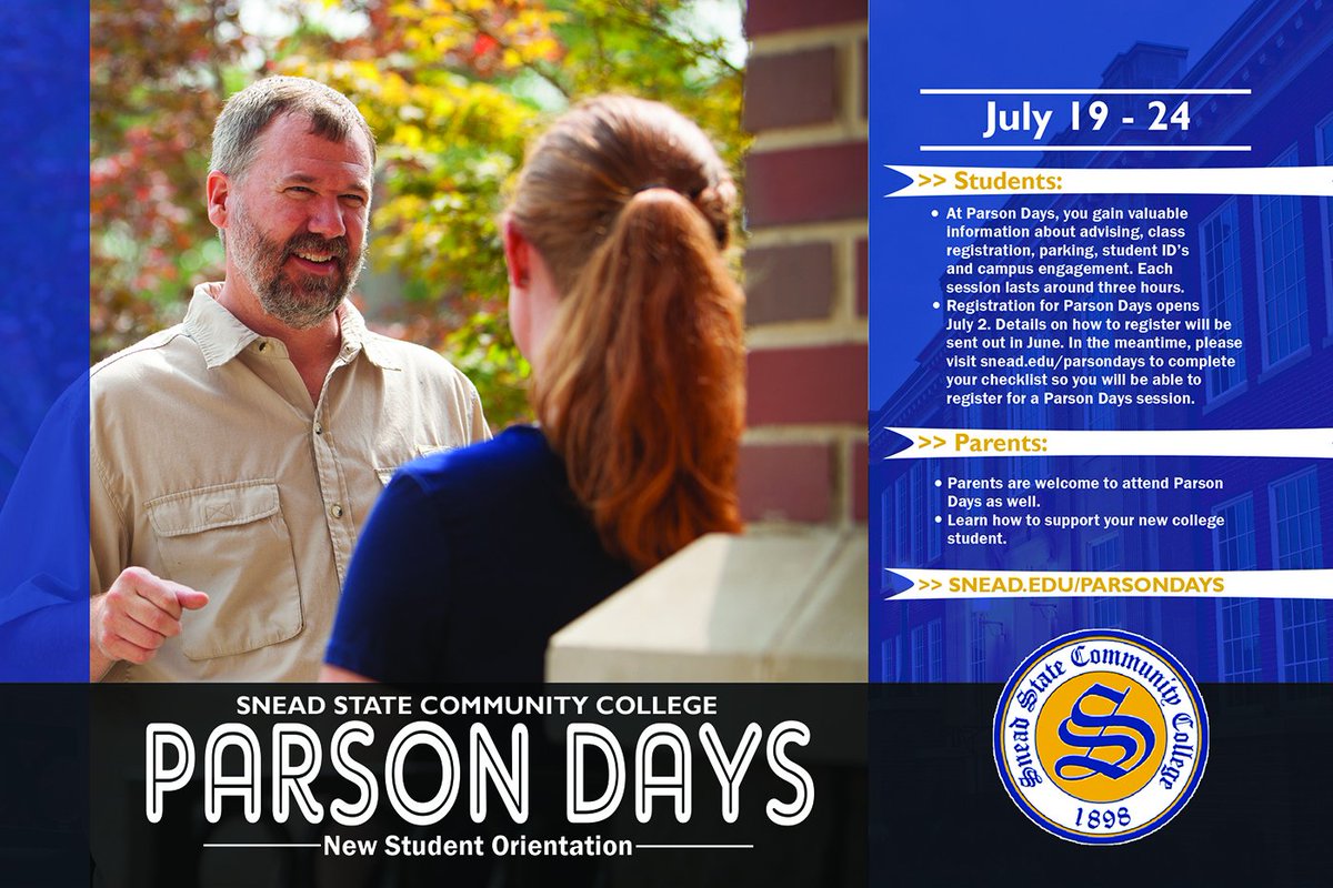 Parson Days registration is in full swing! NEW STUDENTS...jump start your college success by attending this valuable new student orientation. Find out more at snead.edu/parsondays!