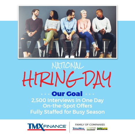 kaitlynldaniel's tweet photo. IT'S HERE! TODAY IS THE DAY - #TMXHiringDay! Come interview TONIGHT at any TitleMax location 5-7PM! Make a career change and let helping people be your business - https://t.co/l5JQUmSw8P #NationalHiringDay #TMXTeamHC https://t.co/hIHGtBguzG