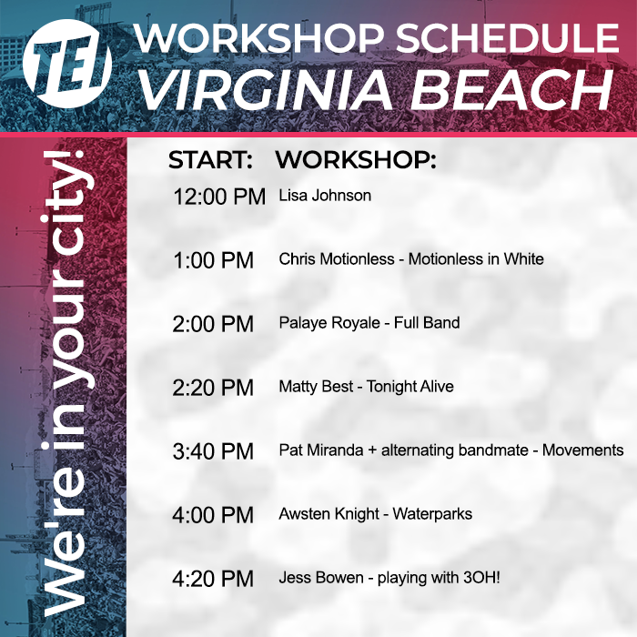 thinktei's tweet photo. Virginia Beach, come say hi! 
Today our TEI tent is by Bowling for Soup by the Journeys Left Foot Stage.
Check in for your workshop 10 minutes before the start time at the blue TEI flags by the Journeys Left Foot Stage.
#warpedtour #easchoolofmusic #thinktei https://t.co/f8OLo1zA16