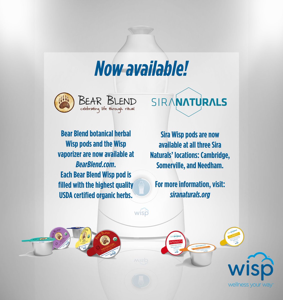 WispVapor's tweet photo. Try the #Wisp today! Available at Sira Naturals (in-dispensary, Massachusetts patients only) and Bear Blend (botanical herbs, online, nationwide). To learn more, visit https://t.co/cl3mGmEE4z and https://t.co/VZhX6Dko2b https://t.co/oKVnFIdNye