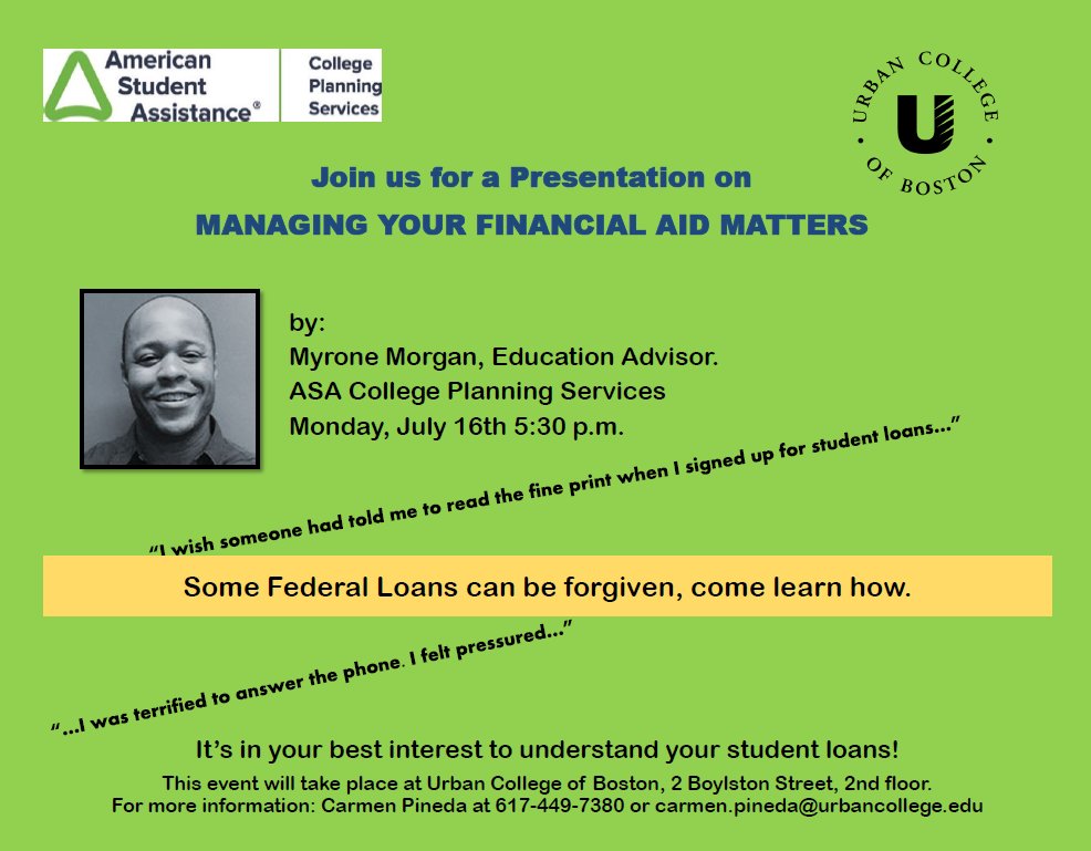 Managing your financial aid matters. Join us on Monday, July 16th. RSVP: eventbrite.com/e/mananging-yo… #StudentLoanDebt #speakerseries #urbancollege #UCBspeakerseries #manageyourdebt #studentloaninfo