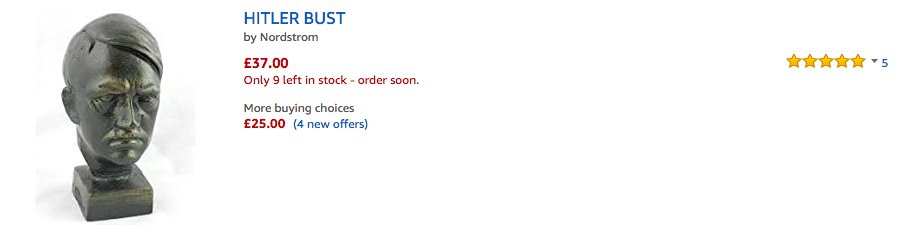 VivEgan41's tweet image. I&apos;M SORRY BUT WHAT THE FUCK IS THIS??? WHAT DO THE 5* REVIEWS SAY???? &quot;BRINGS A REALLY EVIL PRESENCE TO MY LIVING ROOM??????&quot; #HITLERBUST #WTFAMAZON