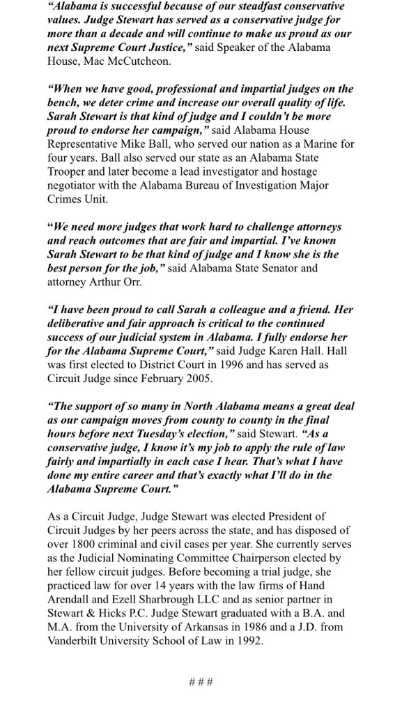 Judge Sarah Stewart picks up key North Alabama endorsements for the July 17 #runoff  #alpolitics #algop