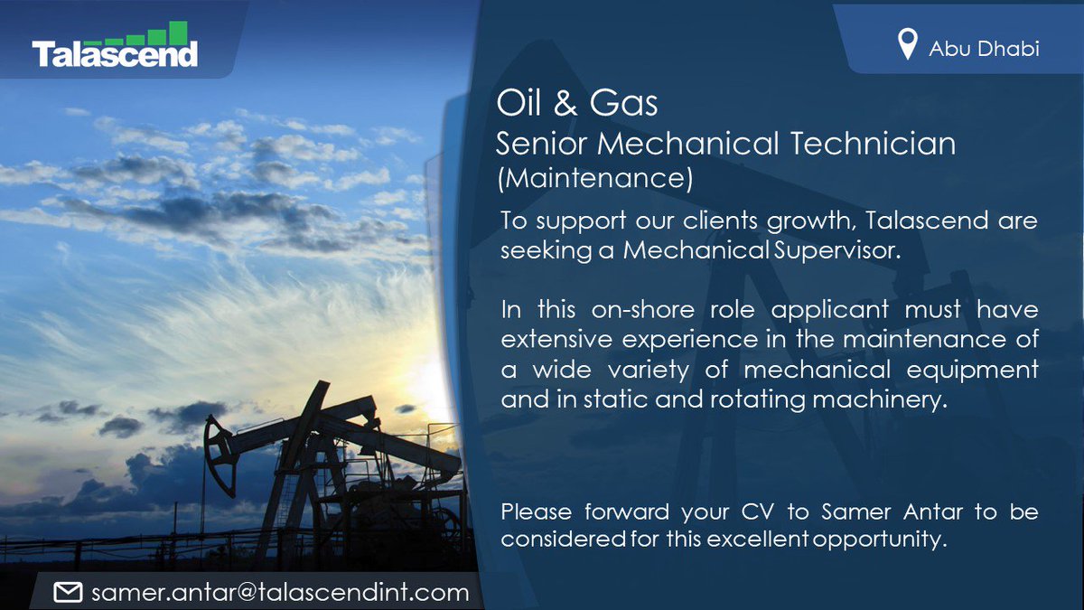 TalascendInt's tweet photo. New job, the client is looking to interview next week. #SeniorMechanicalSupervisor  #oilandgas #jobs #recruitment #AbuDhabi #Mechanical #onshore #Talascend https://t.co/fwlkch9i2d