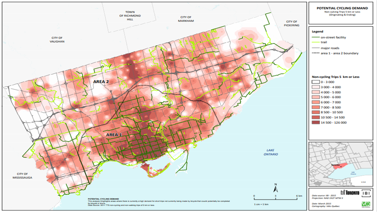 TCATonline's tweet image. What potential! Toronto trips under 5km that are not biked, but could be! Lots of short trips happening in the suburbs, especially around Yonge St #TransformYonge #BuildTheVisionTO