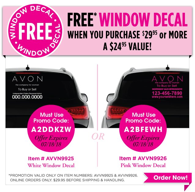 AvonPrintShop's tweet photo. FREE AVON WINDOW DECAL (reg. $24.95) with purchase of $29.95 or more!  
See promo codes below.  Visit https://t.co/uXAAArk5gr today! https://t.co/1c6HDEDCmu