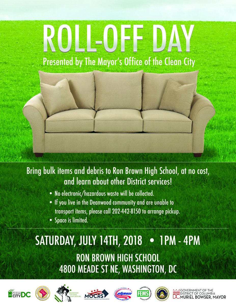truthshallnlwh's tweet photo. Deanwood is #cleanwood! Roll-Off Day is coming this Saturday. Bring us your junk! 1-4 pm outside @RBHSMonarchs, 4800 Meade Street NE. Get CPR and @311DCgov training too! https://t.co/K75uT8PgG8 https://t.co/l8hhZEIoKa
