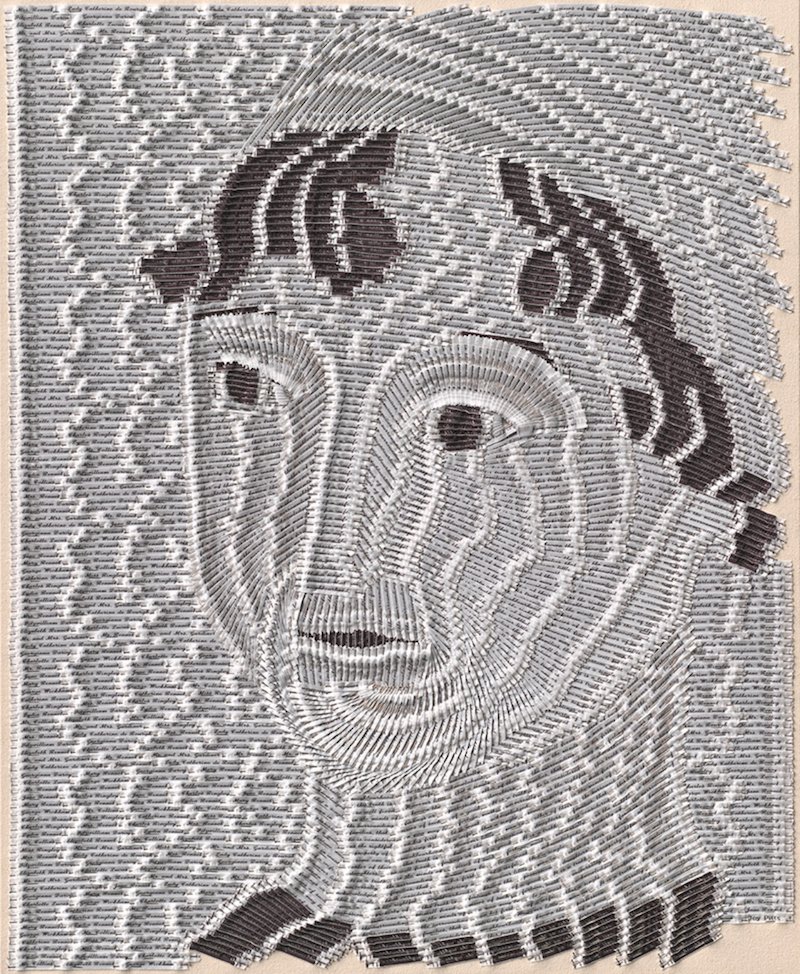 This is amazing! Jane made from 5000 cotton tapes. 71 words from P&amp;P's opening paragraph are woven into 4000 tapes and make up Jane's face, while the background 1000 are name tapes listing the 16 main characters.  
<a href="/JaneAustenLIVES/">Jane Austen</a> <a href="/pemberleydotcom/">Jane Austen - RoP</a> <a href="/Austenprose/">Laurel Ann | Austenprose.com</a> <a href="/MuseumModernArt/">MoMA The Museum of Modern Art</a>
