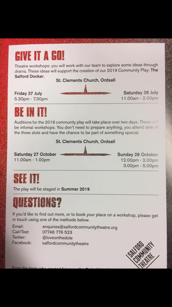 Salford Community Theatre are creating a brand new Community play 'The Salford Docker'  Would you like to be involved? If you would like me to book you on these workshops please get in touch with me on 07746-776-523 or email enquiries@salfordcommunitytheatre.org