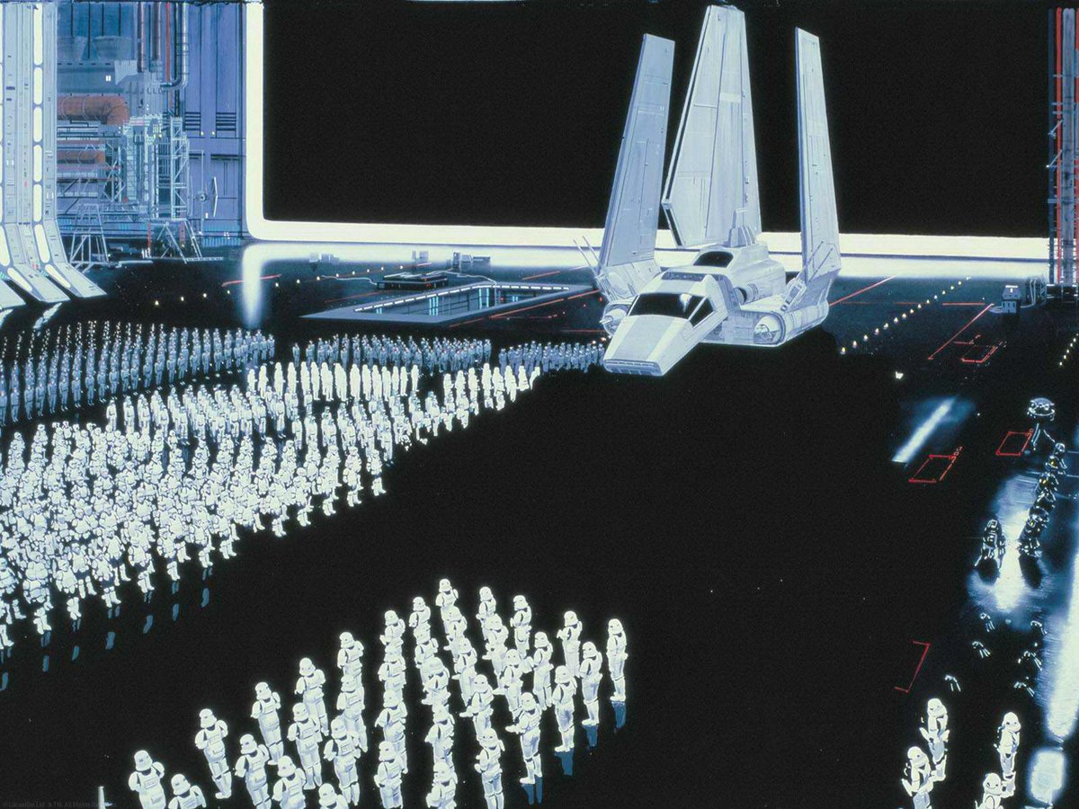 Star Wars was painted. Almost impossible to believe that most of the epic widescreen sci-fi images in the first 3 Star Wars films were done by 3 "Matte painting" artists. These are fake sets made with plexiglass and oil paint. Even the 100s of storm troopers were painted.