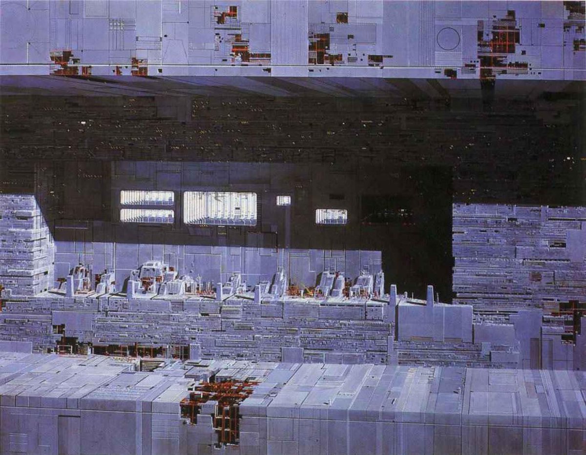 Star Wars was painted. Almost impossible to believe that most of the epic widescreen sci-fi images in the first 3 Star Wars films were done by 3 "Matte painting" artists. These are fake sets made with plexiglass and oil paint. Even the 100s of storm troopers were painted.