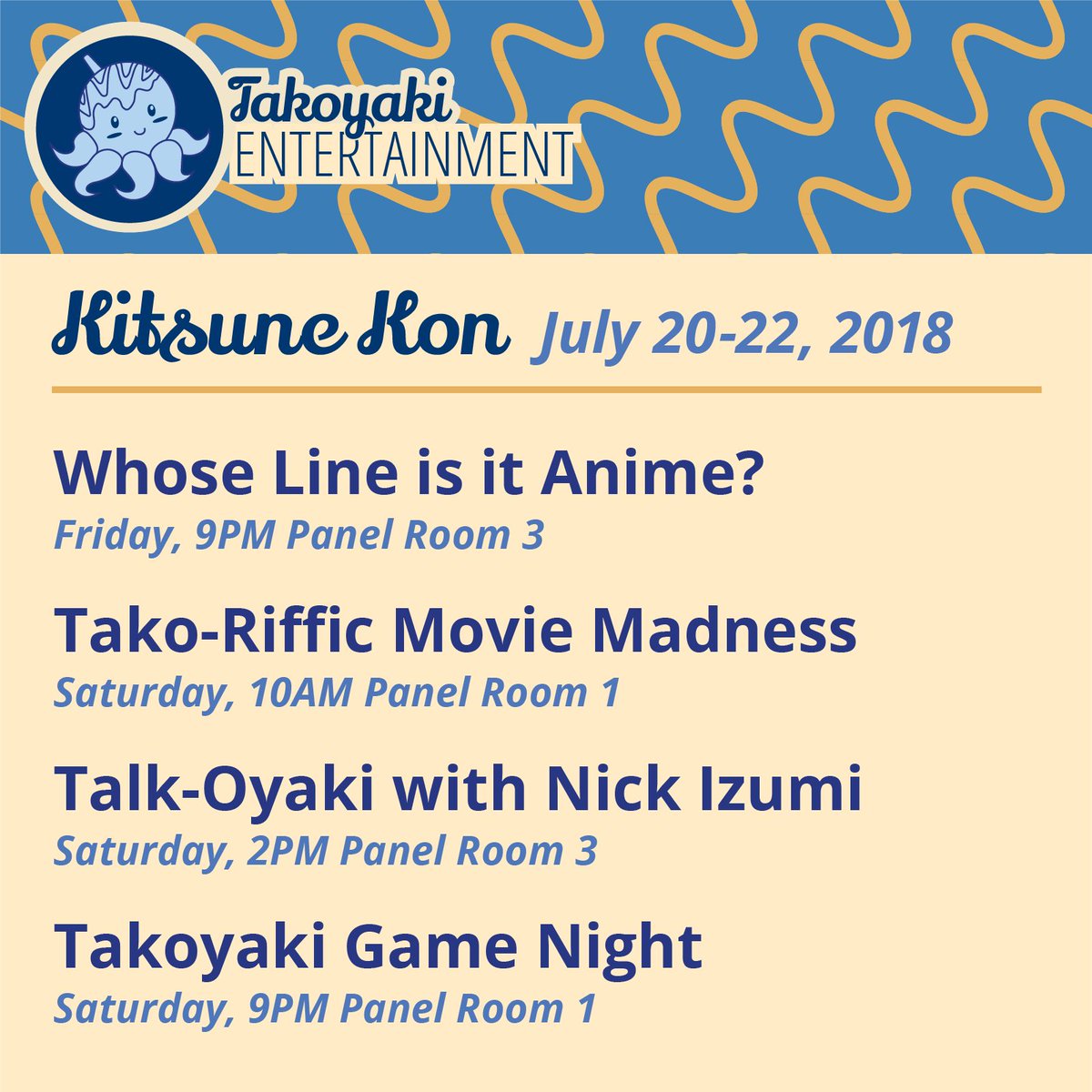 We will be doing some awesome panels at #kitsunekon2018! We hope to see you there 😆
.
.
.
#kitsune #kitsunekon #con #convention #geek #nerd #anime #animecon #entertainment #takoyakientertianment #improv #comedy #movieriff #takoriffic #talkoyaki