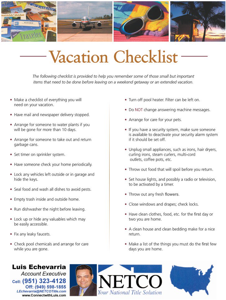 Echevarria_Luis's tweet photo. 🌴 VACATION CHECKLIST 🌴 https://t.co/kCXFYdOlYu #LuisEchevarria #Luis4Title #NETCOTitle #thetitleandescrowservant #titleinsurance #titleinsurancerep #titleinsuranceagent #titleinsurancecompany #titlerep #escrow #escrowofficer #escrows #escrowrep https://t.co/Rw8WlGAn7l