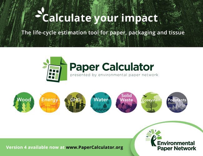 WhatsNYourPapr's tweet image. The Paper Calculator is used by leading orgs + companies @Adobe, @sprint, @lexmark, @HH_GLOBAL, @SierraClub, @ToyotaMotorCorp, @patagonia, Bloomberg @business, @UCSUSA + more. Try the life cycle estimator for paper, packaging + tissue at papercalculator.org #PaperCalculator