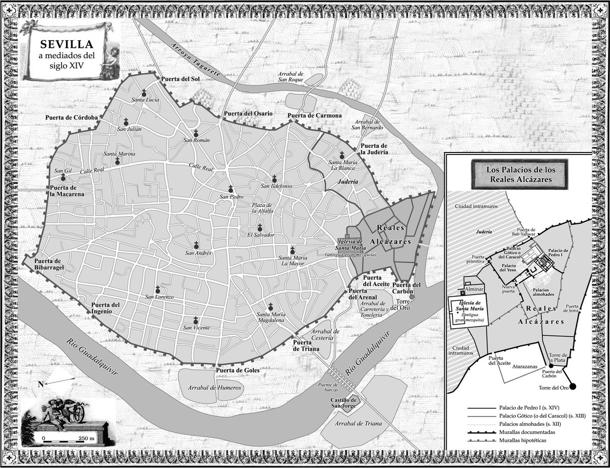 SevillaInsolita's tweet photo. Plano en el que se reflejan los límites urbanizados de la Sevilla de mediados del siglo XIV. https://t.co/iZYjaPd22o