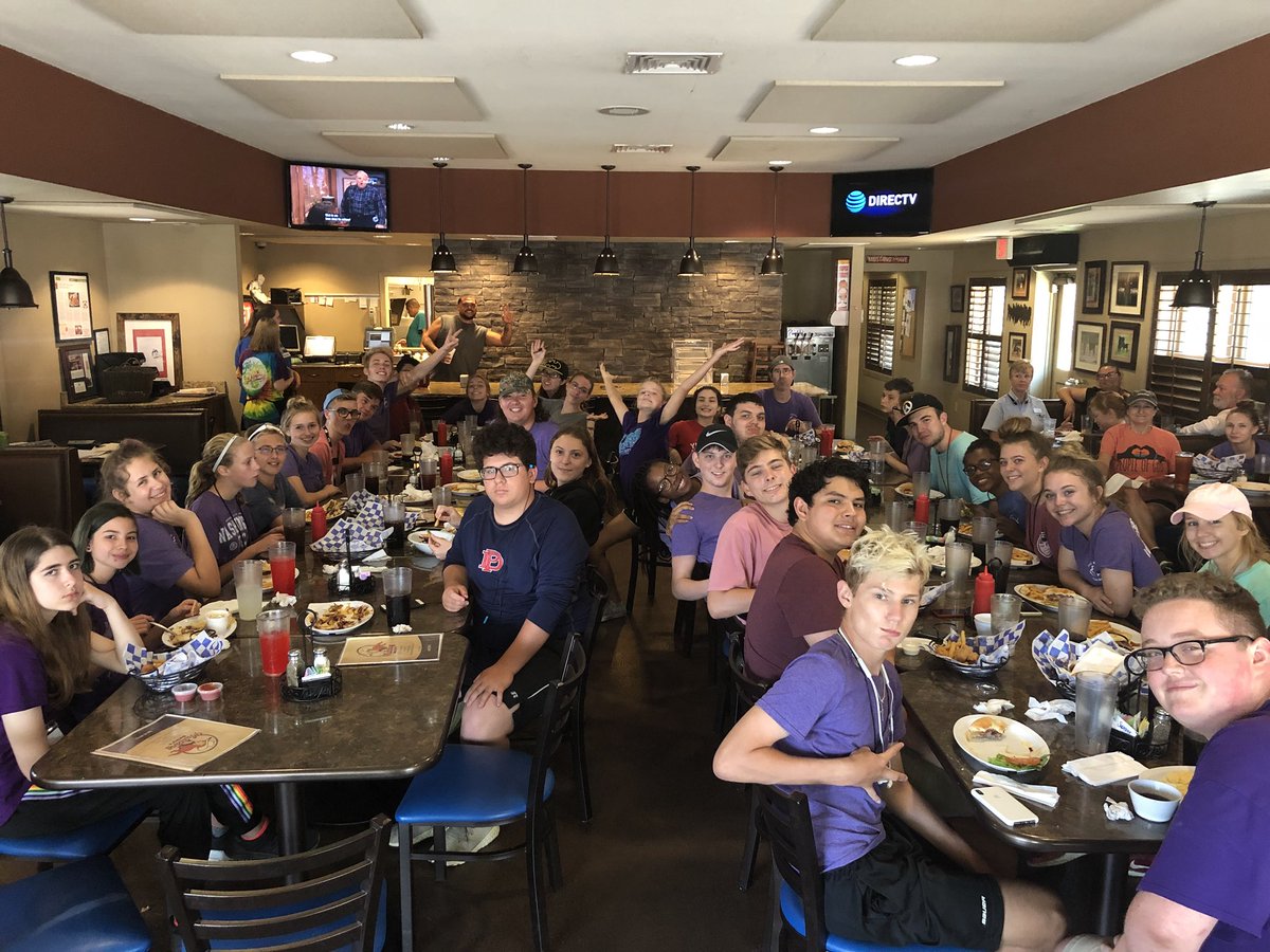FUMCSachseYouth's tweet photo. The Sachse tornado blew through Mustang Sally’s in Perryville Arkansas. We are all well fed but still stinky #lilrockmt18 #weallneedashower https://t.co/3fcQAE4cYn
