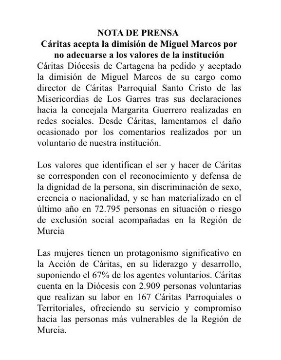 PColombineRM's tweet photo. Nos llega la confirmación de que @CaritasRMurcia acepta la dimisión de Miguel Marcos "por no adecuarse a los valores de la institución".
También le ha pedido disculpas a @MGuerrero_31RC.
#ElFregarSeVaAAcabar 
#DenunciaColombine https://t.co/K3wzDKNsvU