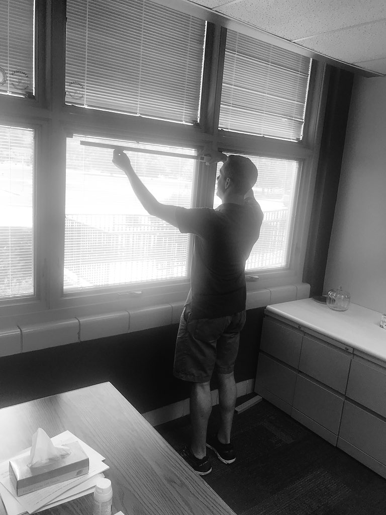 PeteScully1's tweet photo. @mrgreggarris walks into my office with a measuring tape and starts measuring windows. I keep watching my phone to see if @drneilgupta, @themaddox5 or @TBowers3 calls to deliver me some bad news. Ha ha ha #itmustbesummer #maintenanceprojects https://t.co/Omap2rSnVP