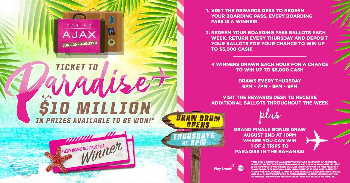 CasinoAjax's tweet photo. Be here tonight from 6-9pm for #TicketToParadise where 16 lucky guests will win up to $5,000! Visit our Rewards desk for more details or to register for #free.
#CasinoAjax
#Ajax
#Giveaway
#PlayToWin
#ThursdayWinning https://t.co/CsIn6LRRec
