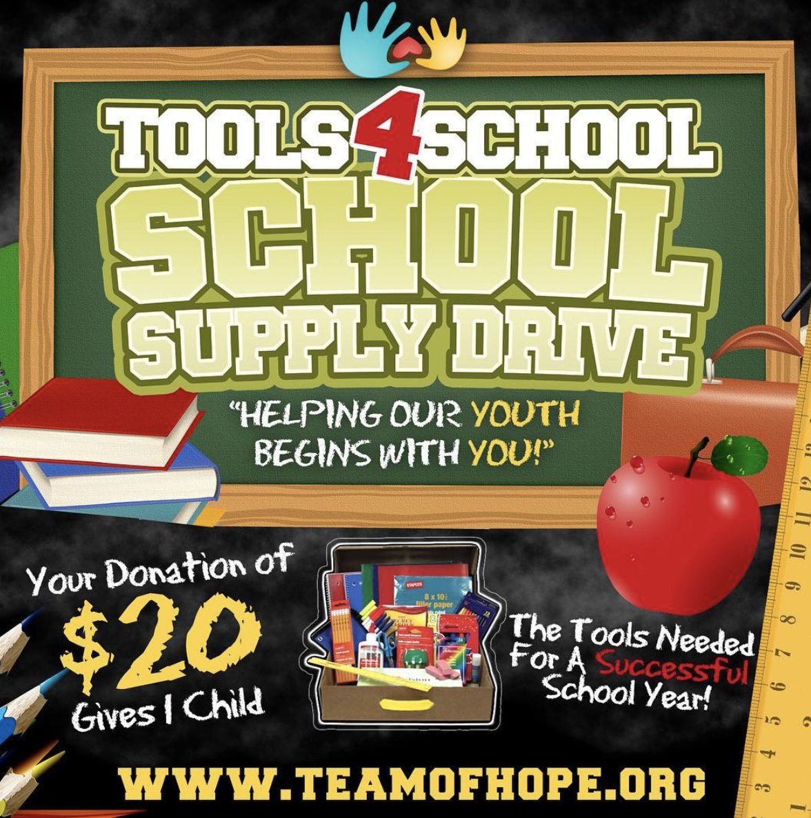 Teamofhope's tweet image. It’s that time of year! #Tools4School 2018 School Supply Drive...Now taking all donations....Don't have time to shop for supplies? Donate a HopeBox Today For  $20! For more info visit theteamofhope.org