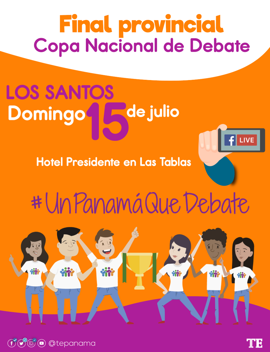 Los estudiantes de la provincia de Los Santos son los próximos participantes de la #CopaDebaTE18 de <a href="/aspadepanama/">ASPADE (Asociación Panameña de Debate)</a>. Acompáñanos este domingo 15 de julio. #UnPanamáQueDebaTE