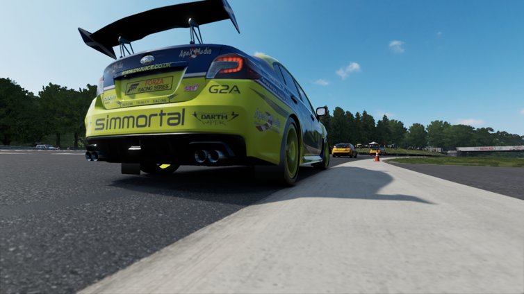 STR_Media's tweet photo. Victory! Rutherford takes the @ForzaFRS feature race win! Race 2 is up next, which will see the STR Subaru start towards the back of the grid https://t.co/uul5NQmCG5