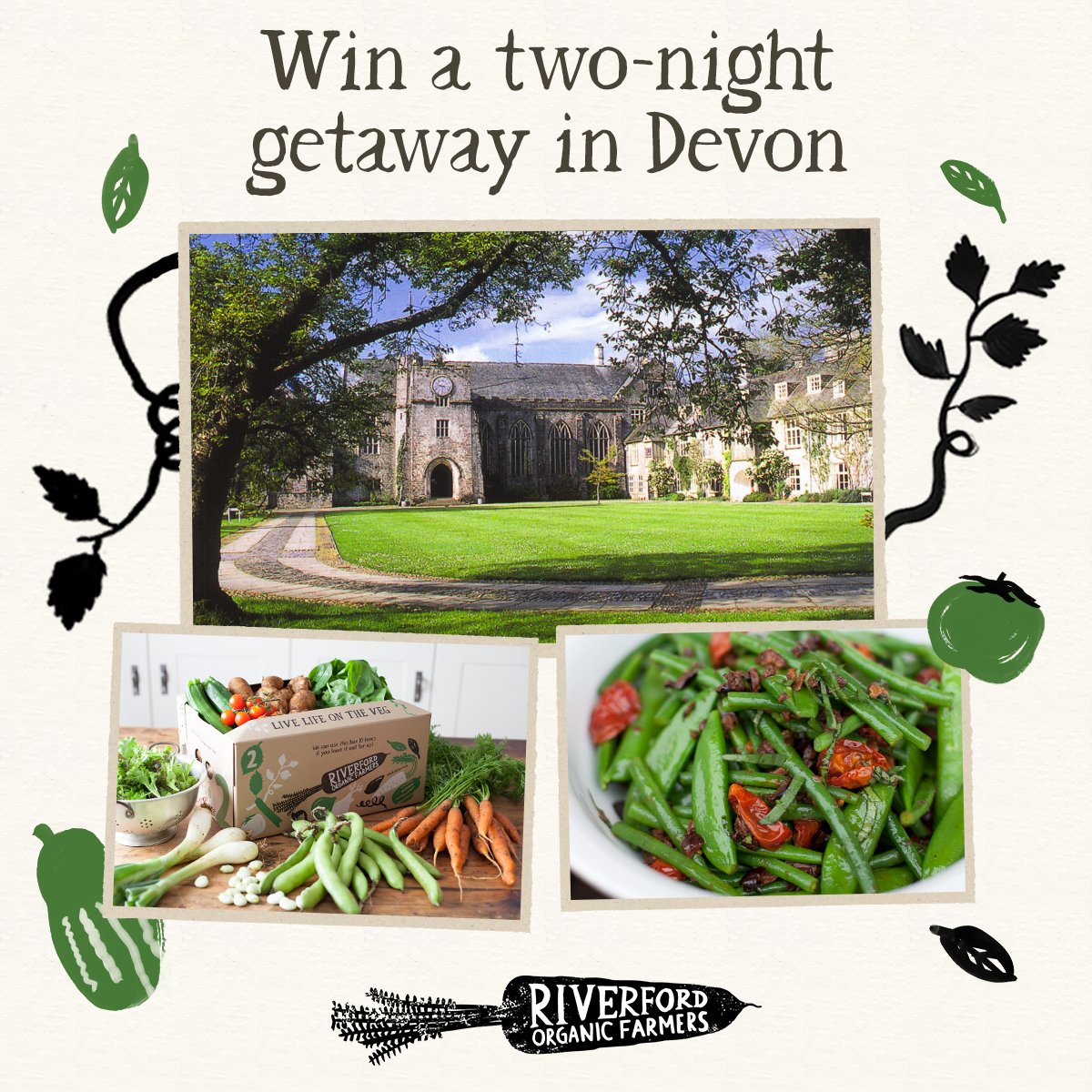 We've teamed up with @dartingtonhall to offer a two night stay at the beautiful Dartington Hall estate, with dinner at @riverfordfk - plus a three month supply of our organic veg boxes. 
Enter before 31st July at socsi.in/WGo5M
