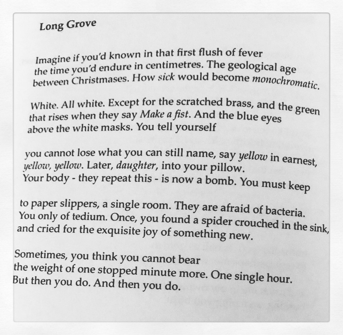 Not a new #poem but one from my collection, #oysterlight . #LongGrove was a #hospital where women treated for #tuberculosis were kept incarcerated if they still harboured the bacteria afterwards. Many were held for years and suffered severe #mentalhealth issues as a result.