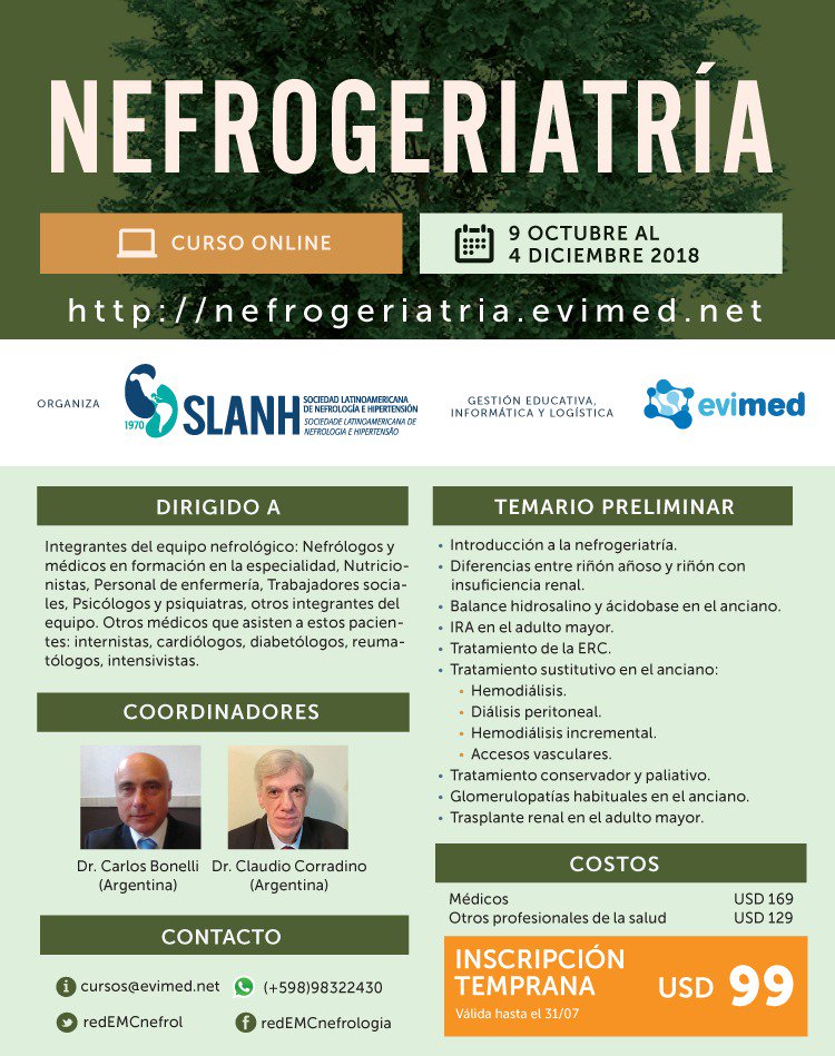 SLANH_'s tweet photo. Pronto! Curso en línea de #nefrogeriatría @SLANH_  nos desaproveches los descuentos por inscripción temprana #Nefrología #noticiasslanh https://t.co/4I6kJa1X8n