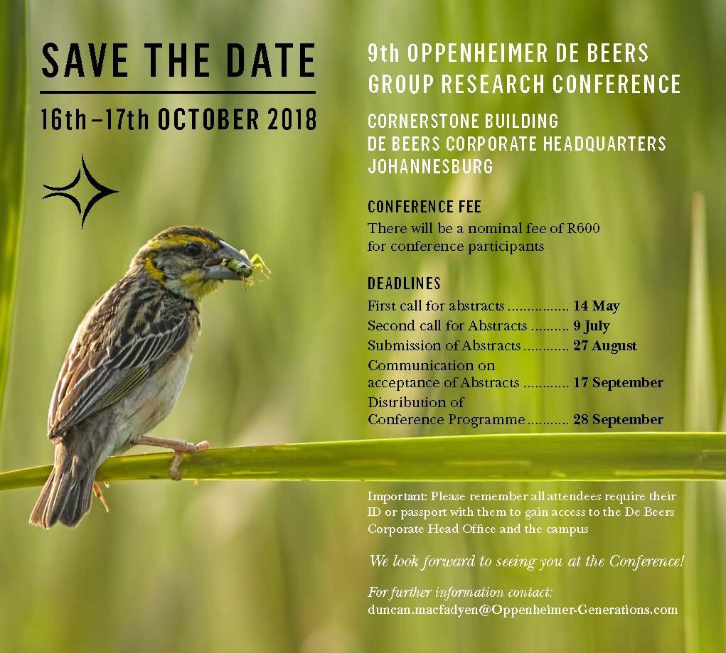 AliHalajian's tweet photo. 9th Annual Oppenheimer-De Beers Group Research Conference #ODGRC9
16-17 Oct #2018 #SouthAfrica
#SARChILuusPowell MSc student will present about Tigerfish parasites #monogenean
@DeBeers #Hydrocynus #biodiversity #animals #october2018 @SANBI_ZA @ARCSouthAfrica #FishParasites https://t.co/X05IbCDjNp