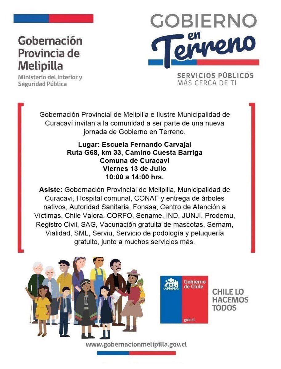 DPPMelipilla's tweet photo. ATENCION #Curacaví !!!.Este viernes 13 de julio, se realizará un nuevo #GobiernoEnTerreno, encontrarás  todos nuestros servicios y más de 10:00 a 14:00 hrs. en la Escuela Fernando Carvaval, Cerrillos #Curacaví, No faltes!!!! Invita Gob. @RAMIREZCHILE !!! #RMdeTodos https://t.co/rAyp1ij32X