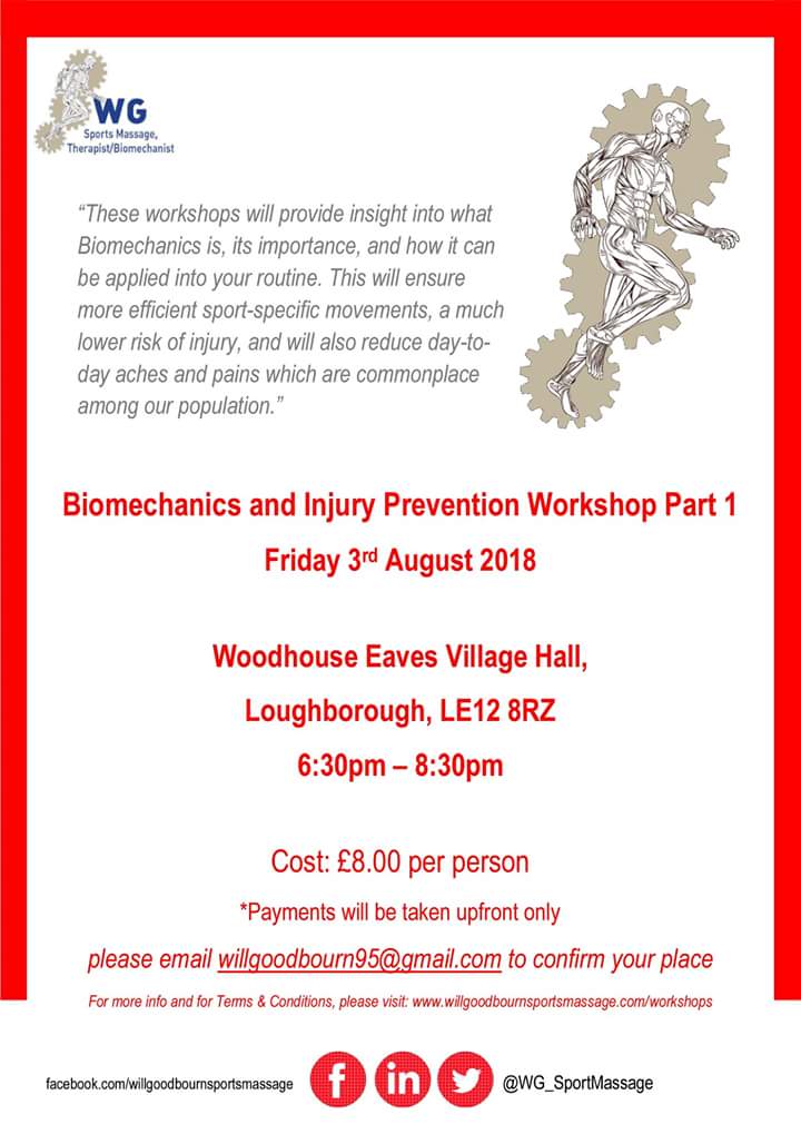 Pleased to announce the latest round of Injury Prevention Workshops.  Starts on Aug 3rd at Woodhouse Eaves Village Hall. Please support if able, and share to anyone who would be interested!

#Biomechanics #Posture #PostureAwareness #Running #Loughborough #Charnwood