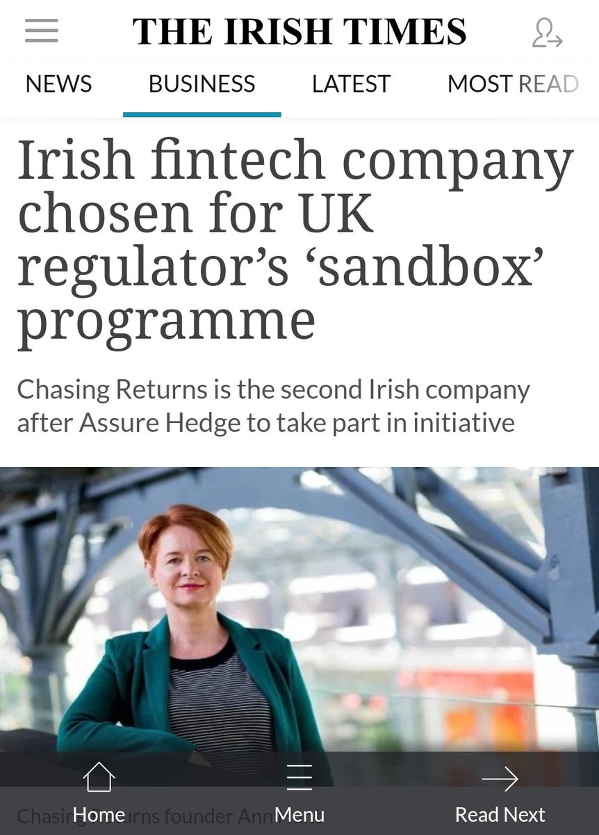FinTechIreland's tweet photo. Irish #fintech company #chasingreturns chosen for UK regulator’s #sandbox programme; being the 2nd 🇮🇪 company after @AssureHedge to take part in initiative. https://t.co/yBY325CT2P
