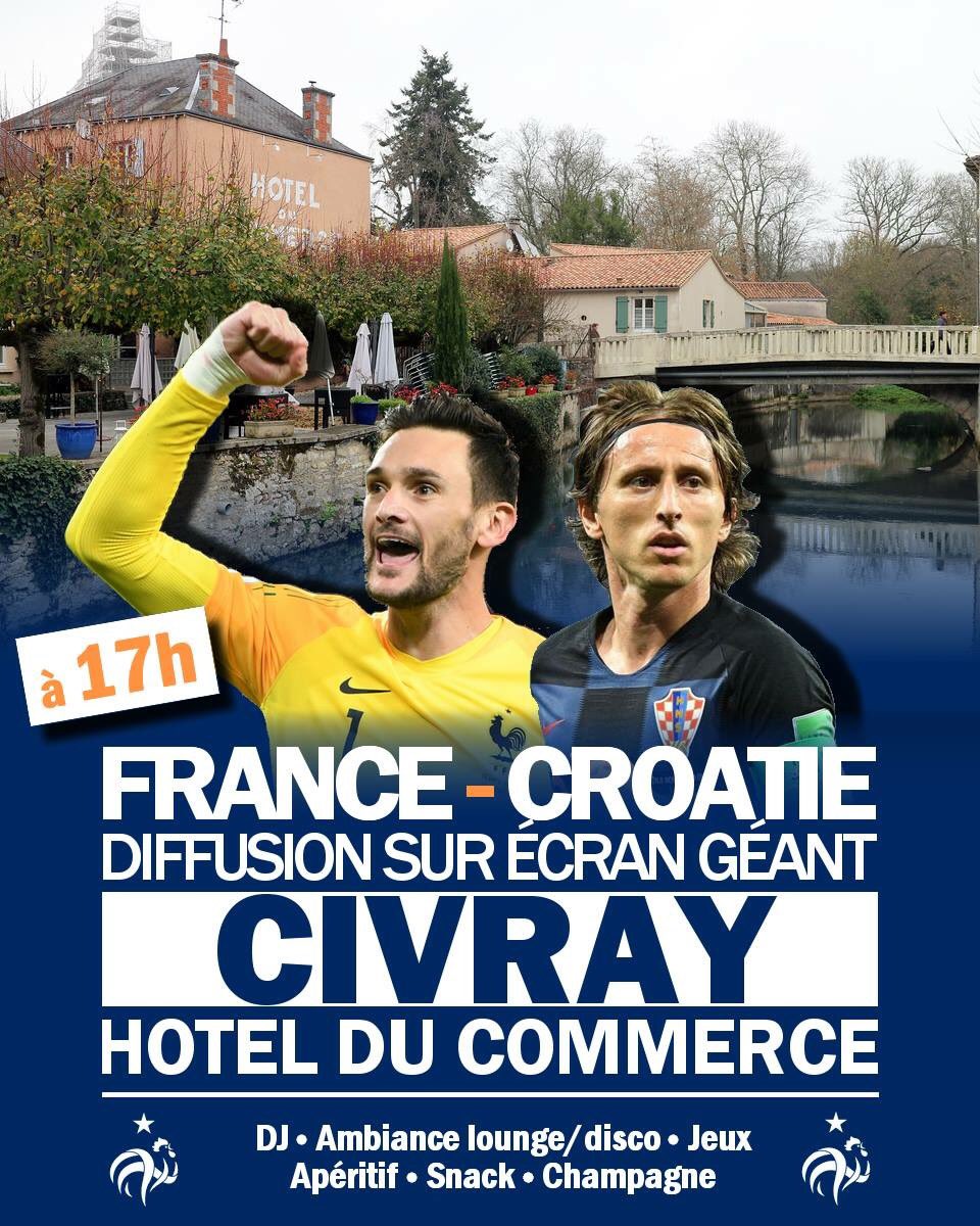 ACGFOOTSUD86's tweet photo. Dimanche, #Civray sera animé pour soutenir l’@equipedefrance ! Venez regarder la finale sur écran géant à l’Hôtel du Commerce. Festivités dès 14h00. https://t.co/oJq7Zos0R3