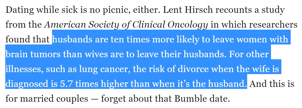 a study from the American Society of Clinical Oncology in which researchers found that husbands are ten times more likely to leave women with brain tumors than wives are to leave their husbands. For other illnesses, such as lung cancer, the risk of divorce when the wife is diagnosed is 5.7 times higher than when it’s the husband.
