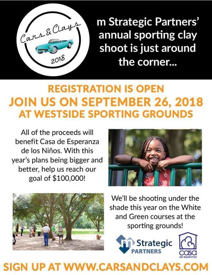 Cars and Clays 2018 registration is now open! Join us for this fun day of clay shooting, a silent auction, and more all to raise funds directly for Casa de Esperanza! carsandclays.com #carsandclays2018 #mstrategicpartners