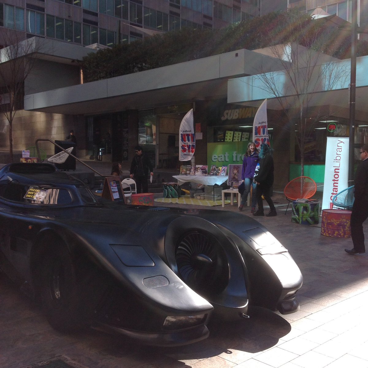 Stanton_Library's tweet photo. Batman &amp; the Batmobile joining our Library pop-up in North Sydney, celebrating #ComicConversation2018 #ccv18 #nthsyd https://t.co/jidITSof9y