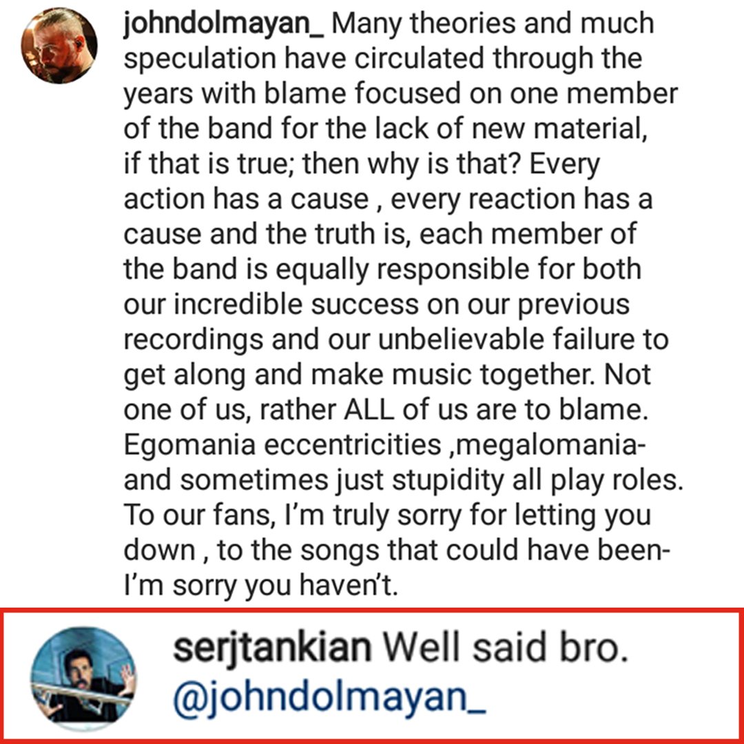 ObeyYourSysteM_'s tweet photo. @JohnDolmayan responds to what @daronmalakian said in his Kerrang interview about @systemofadown new album situation. @serjtankian also comments on John Dolmayan's post!
#systemofadown  #soad #johndolmayan #serjtankian #daronmalakian #shavoodadjian #newalbum #obeyyoursystem https://t.co/WYy5hGQwXa