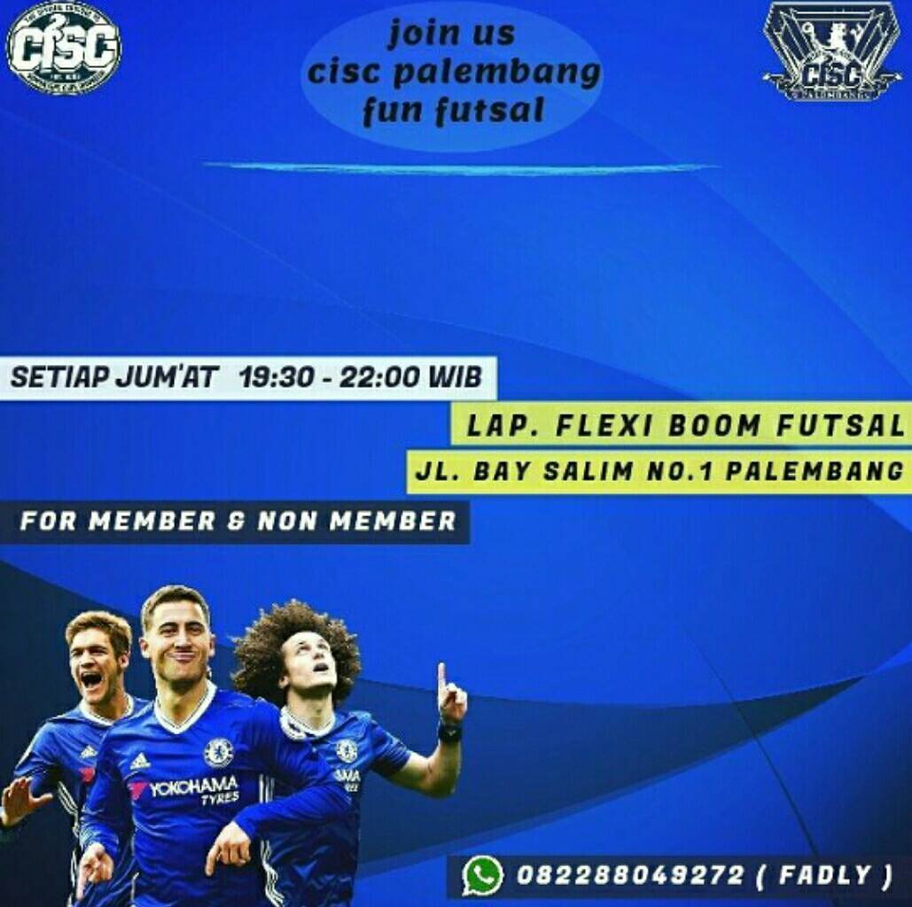 Fun Futsal CISC Palembang

Jumat, 13 Juli 2018
Kick Off : 20.00-Selesai
Lokasi : Boom Futsal
Jersey : CISC/Chelsea FC
HTM : Menyesuaikan
Terbuka Member/Non Member