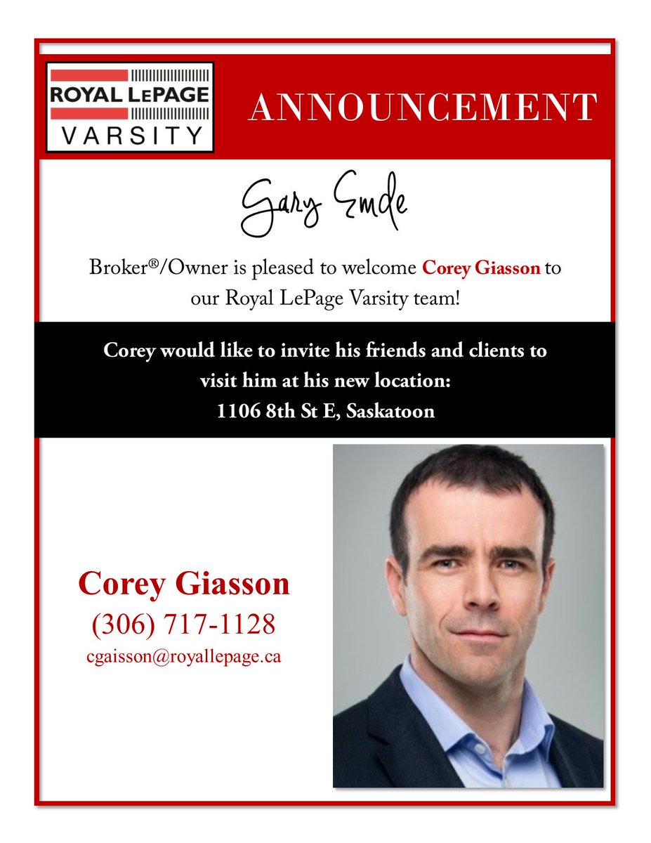 RLPVarsity's tweet photo. Welcome to the Royal LePage Varsity team Corey Giasson!
#yxe #RLPV #realestate #career #agent https://t.co/02VwxJC2Hn