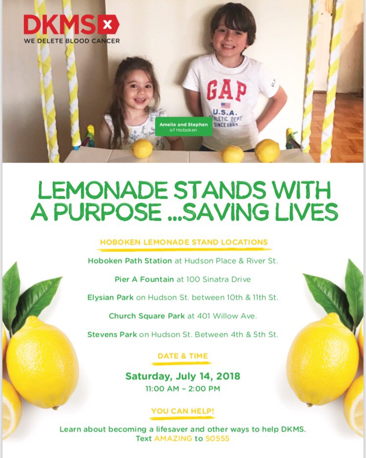 Alka_Hob's tweet photo. The DKMS Lemonade stand take over of Hoboken is almost here!!!
Come chat to us about how you could help give someone a second chance at life!!! #match4camllie #WeDeleteBloodCancer
@hobokengirlblog @cityofhoboken ,#Hoboken patch, #Hudson reporter, #Hoboken life https://t.co/pEuIjaeO82