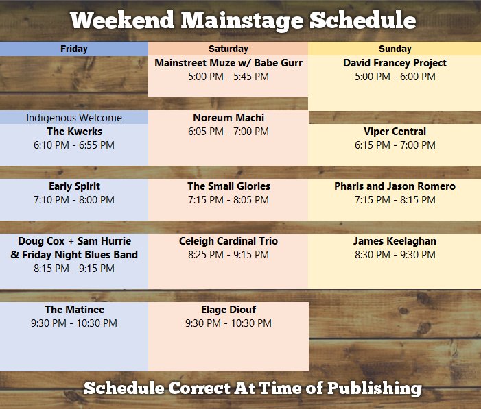 This year's schedule is now live! Take a look to see when all your favourite acts are playing! #MFMF2018 missionfolkmusicfestival.ca/home-2018/week…