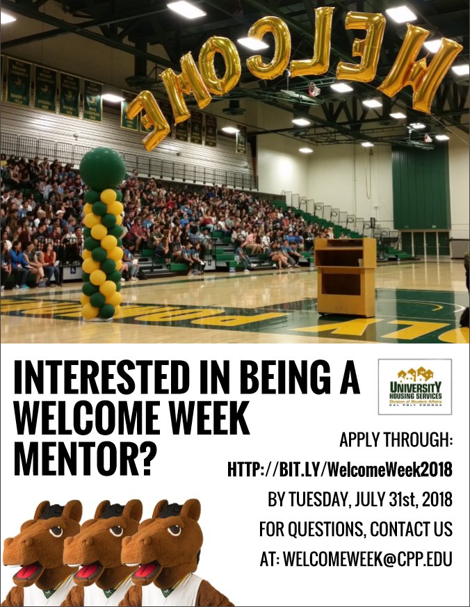 CPPWelcomeWeek's tweet image. We're still accepting applications for Welcome Week Mentors for THIS SUMMER! Apply by July 31st to be considered! bit.ly/WelcomeWeek2018