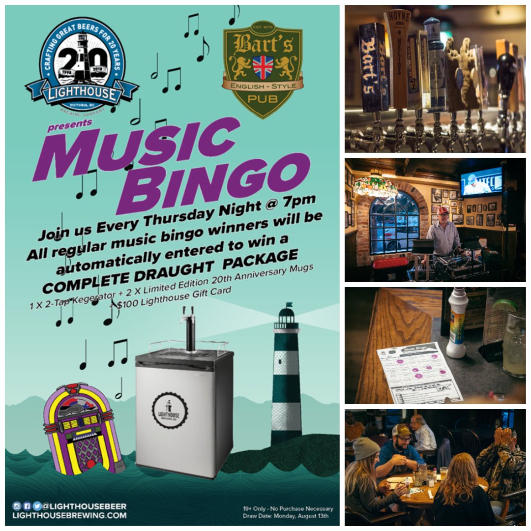 BartholomewsPub's tweet photo. Test your Music Trivia Knowledge w/ Thursday Night #MusicBingo at #BartsPub with @LighthouseBeer! Come out at 7:00 pm for great local craft beer, prizes, & a $9.75 wing night special (5-11). Have a fun night everyone! #victoriapub #yyjpub #yyjfun #victoriabc #yyjbeer #yyj https://t.co/aTq8hHwShR