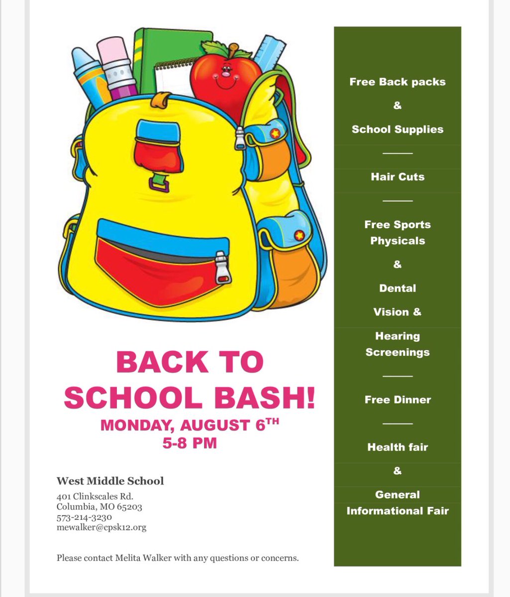 <a href="/westvikings/">West Vikings</a> <a href="/lynnahagen/">Lynn Hagen</a> <a href="/AnnaOz249/">Anna G. Osborn 🇵🇭♥️ .</a> &amp; CPS friends, please retweet to spread the word! Back to School Bash, West Middle School, Aug 6th 5-8.