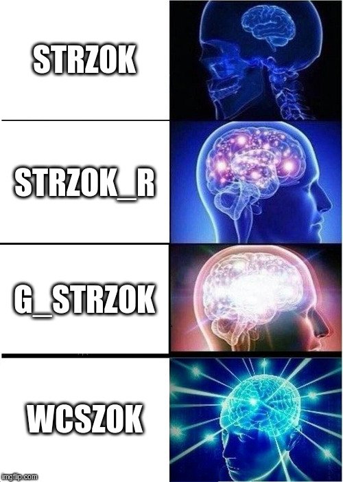 "expanding brain" meme, captions: strzok, strzok_r, g_strzok, and wcszok