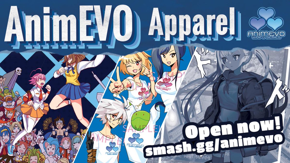 We are happy to announce that our smash.gg Reward Shop is now LIVE!!! Support AnimEVO with the return of classic logo shirts as well as exclusive designs by talented artists <a href="/stalkeralker/">GUTS // ALKER</a> and <a href="/Godsh0t/">godokun @ de_dust2</a> , charms by <a href="/_shunao/">lyn</a> , and more!

smash.gg/tournament/ani…