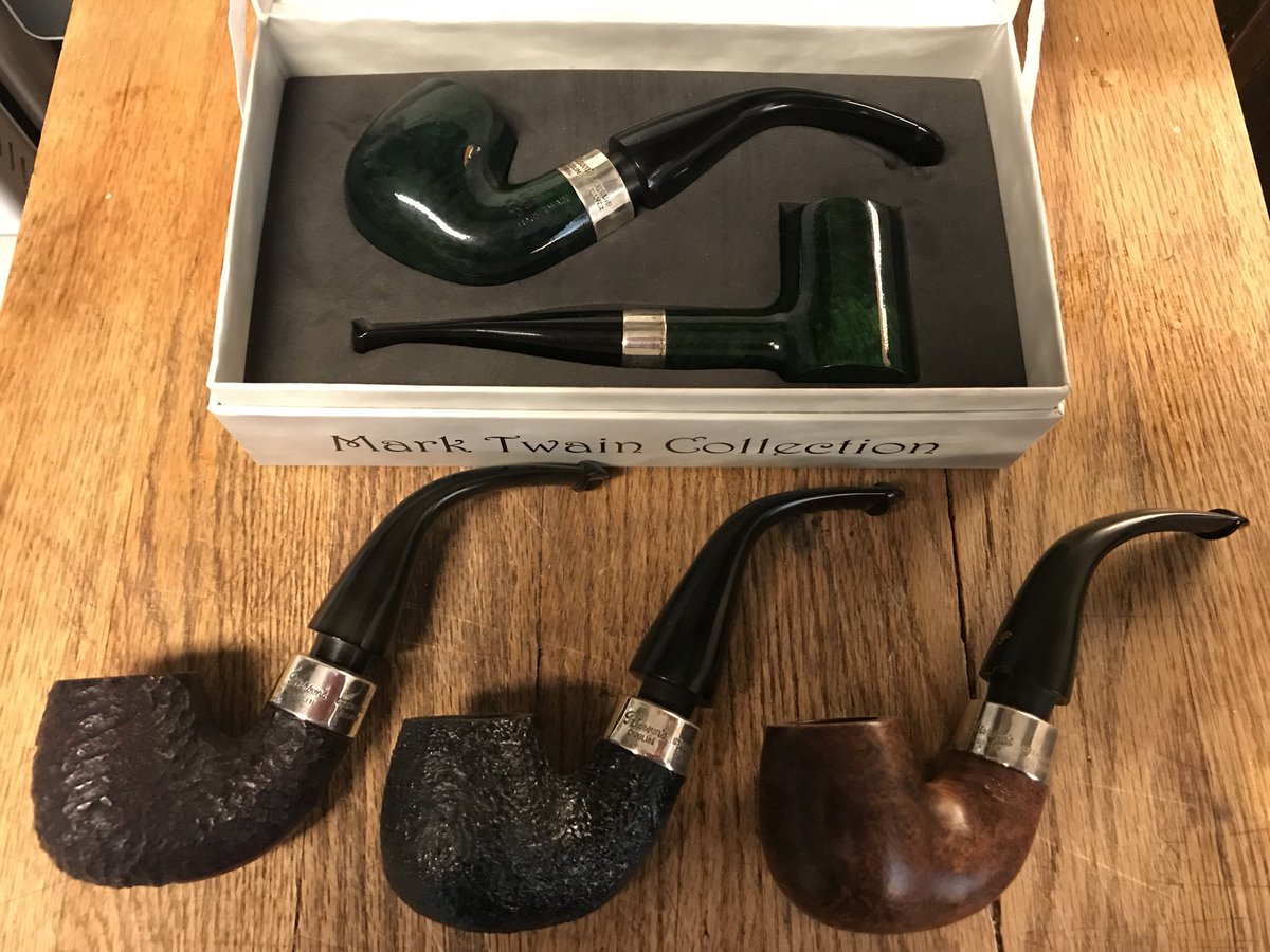 My <a href="/PetersonPipes/">Peterson Pipes</a> <a href="/MarkTwain/">Mark Twain</a> collection. Green set (1of 3 sets made) rusticated, blasted, smooth. Soon to add a gold mounted. <a href="/PetersonSystem/">Peterson Of Dublin</a> #pipesmoking #pipecommunity